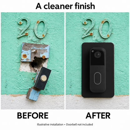 Before and after: a broken old bell push and damaged wall, replaced by a Blink doorbell on the black wall plate