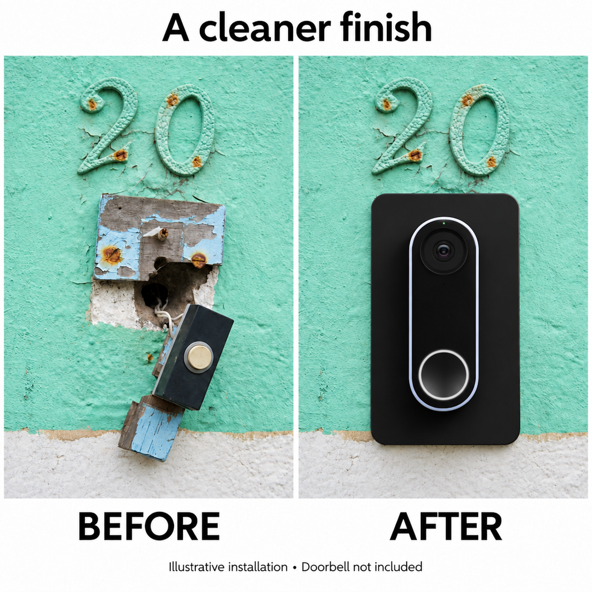 Before and after: a broken old bell push and damaged wall, replaced by a Google Nest doorbell on the black wall plate