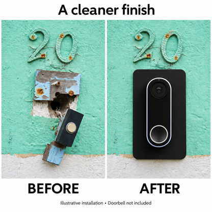 Before and after: a broken old bell push and damaged wall, replaced by a Google Nest doorbell on the black wall plate
