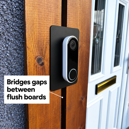 Black wall plate bridging the gap between two flush timber boards behind a Google Nest doorbell