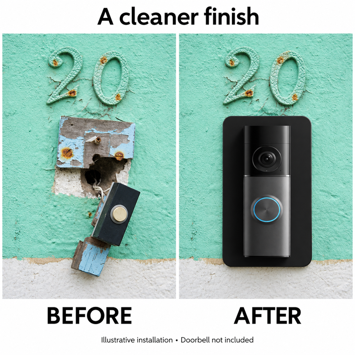 Before and after: a broken old bell push and damaged wall, replaced by a Ring doorbell on the black wall plate