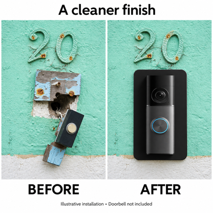 Before and after: a broken old bell push and damaged wall, replaced by a Ring doorbell on the black wall plate