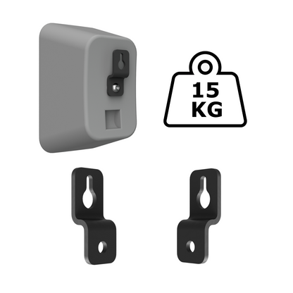 Two steel speaker wall brackets rated to 15 kg, shown with a speaker