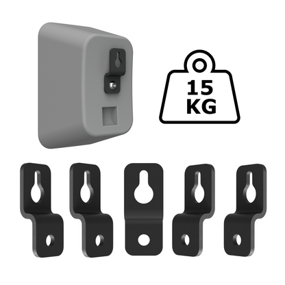 Five steel speaker wall brackets rated to 15 kg, shown with a speaker